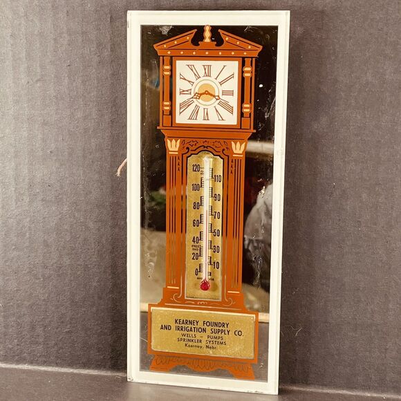 Advertising Thermometer Sign Grandfather Clock Mirror Kearney NE Foundry VTG 8in - Picture 1 of 9